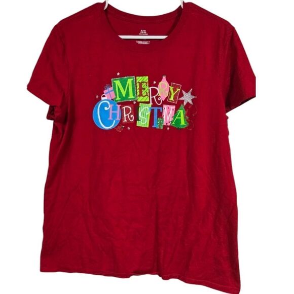 Women's XL 16/18 Merry Christmas Shirt Red Glitter Print Holiday Tee - Picture 1 of 7